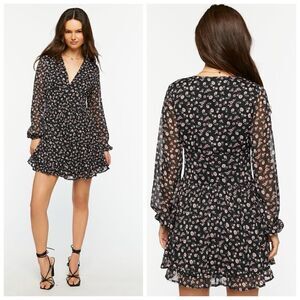 Forever 21 Ditsy Floral V Neck Mini Dress Black/Multi Size Large